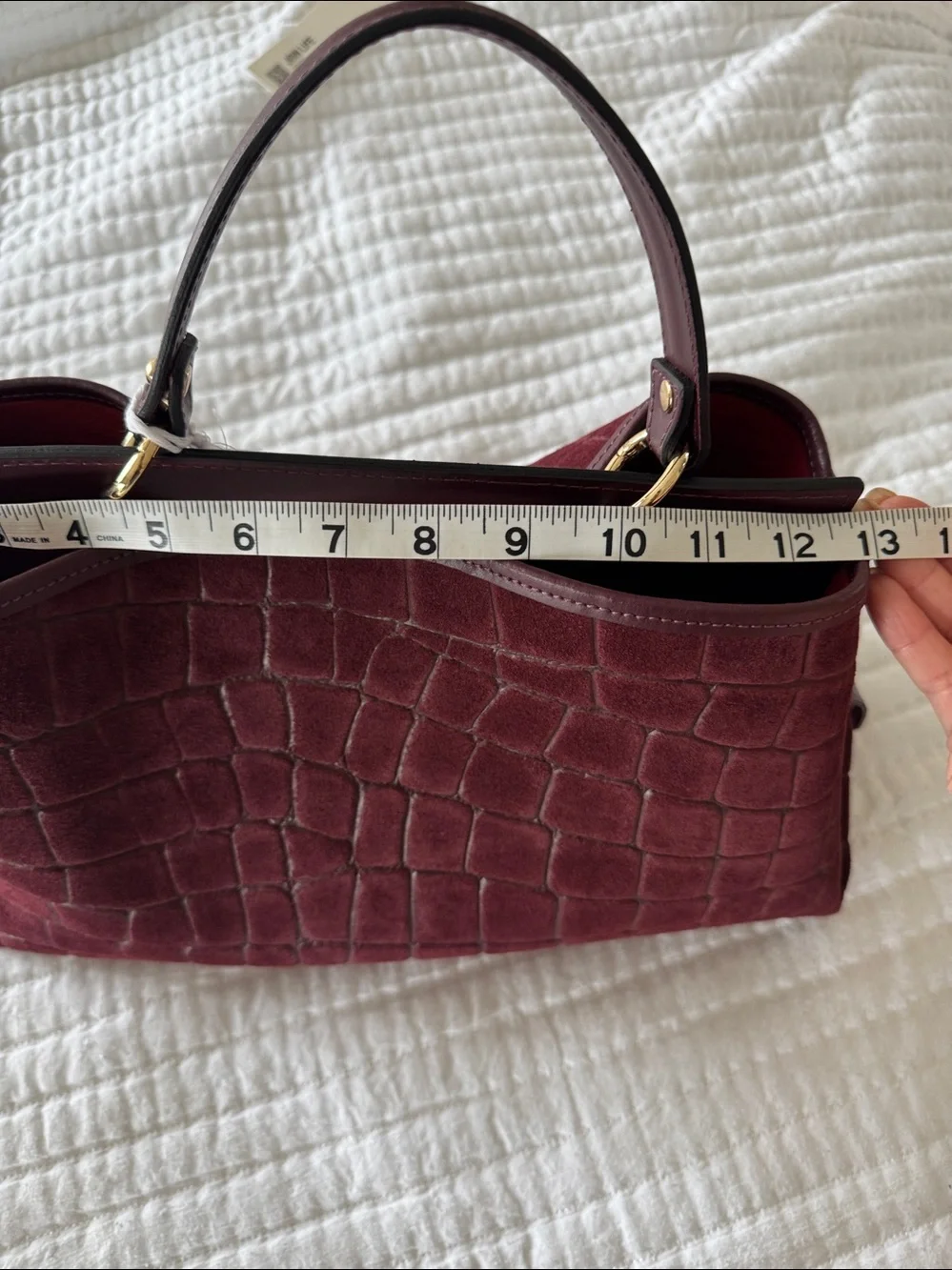 Structured Croc-Embossed Burgundy Suede Top-Handle Satchel